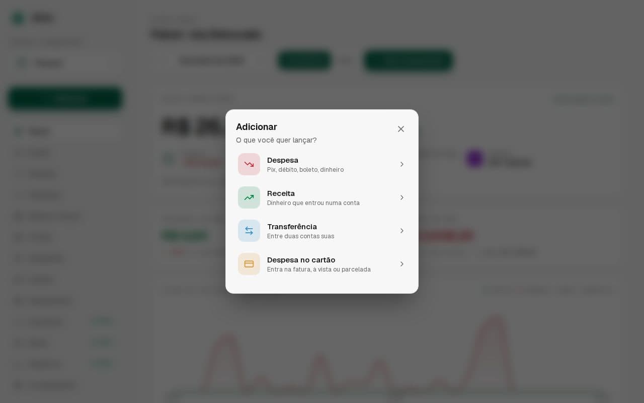 Pop-up Adicionar com as opções Despesa, Receita, Transferência e Despesa no cartão