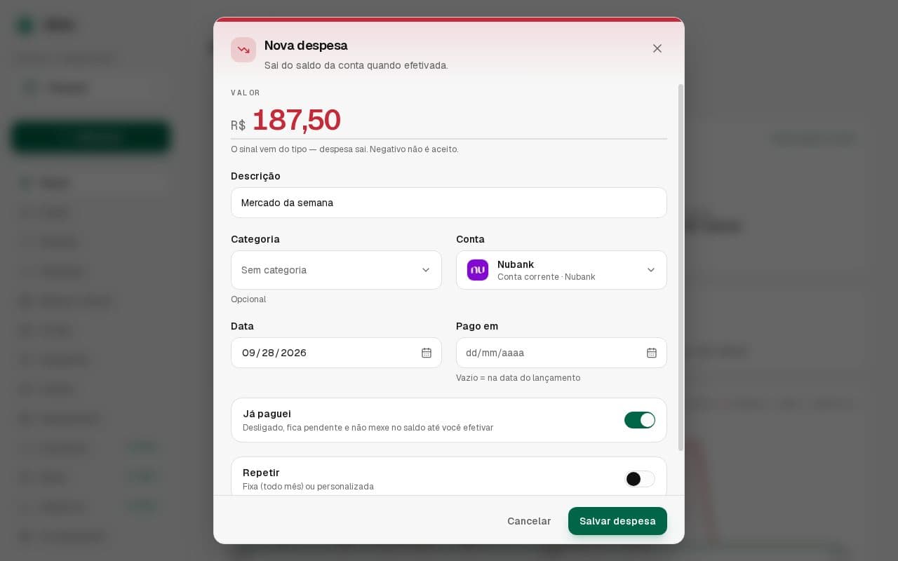 Formulário Nova despesa com valor, descrição, categoria, conta, data e Já paguei
