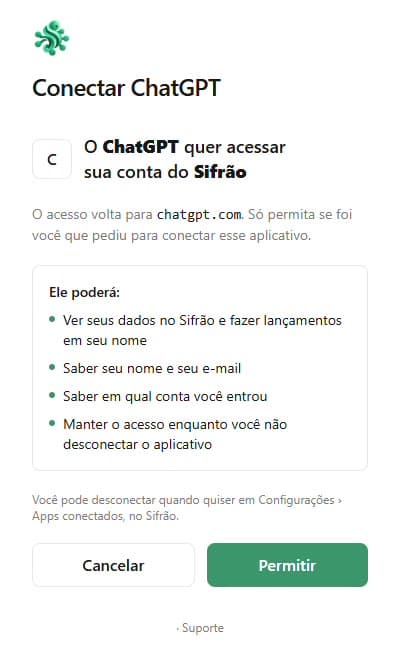 Tela Conectar ChatGPT do Eldourado com o que o ChatGPT poderá fazer e o botão Permitir