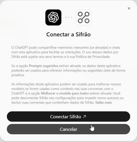 Janela Conectar a Sifrão do ChatGPT com o botão Conectar Sifrão