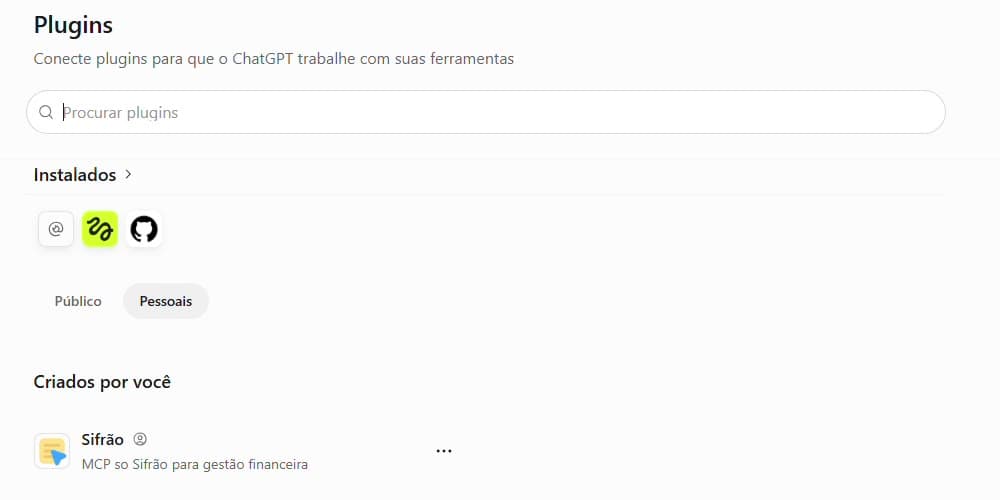 Tela Plugins do ChatGPT, aba Pessoais, com o Sifrão em Criados por você