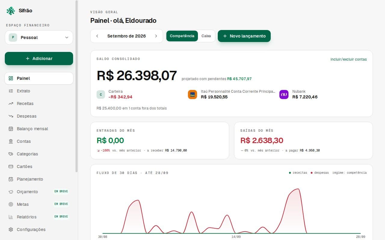 Painel no computador com saldo consolidado, entradas e saídas do mês e o fluxo de 30 dias
