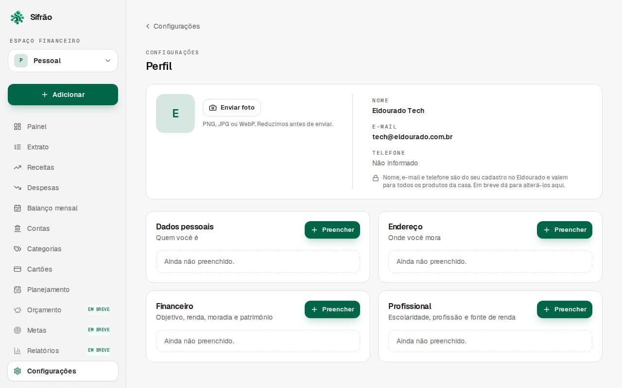 Tela Perfil com a foto, os dados do Eldourado só leitura e as seções editáveis