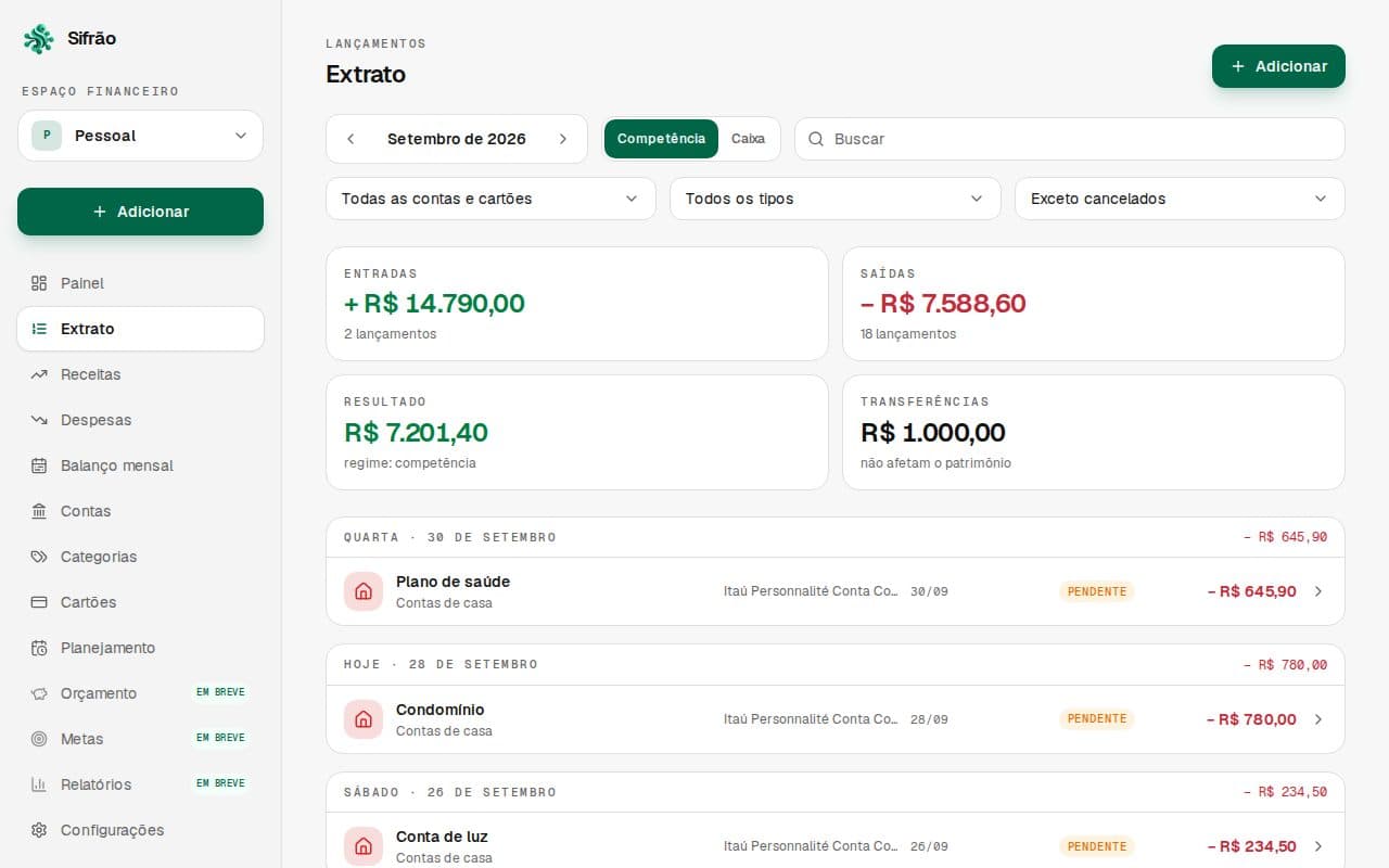 Extrato com filtros, os quatro totais do período e a lista agrupada por dia