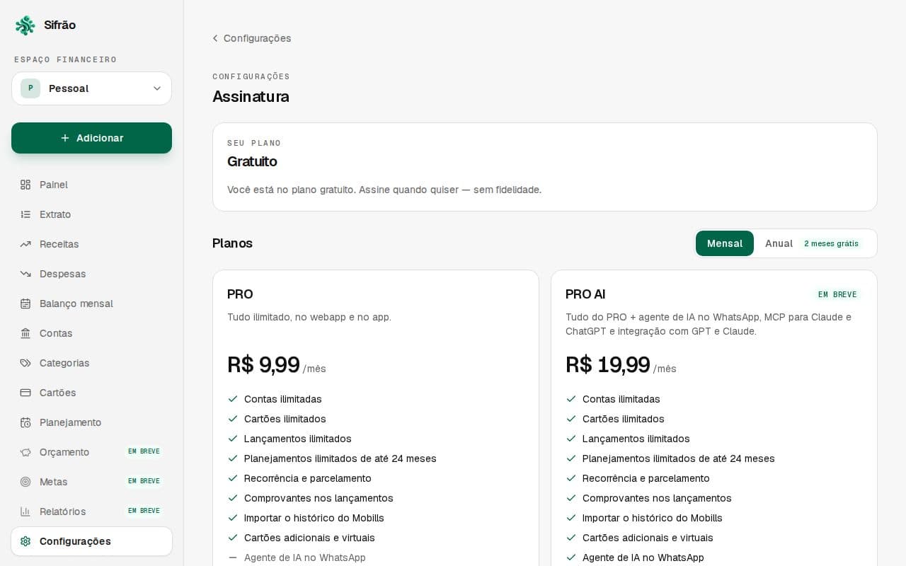 Tela Assinatura com o cartão Seu plano e os planos PRO e PRO AI